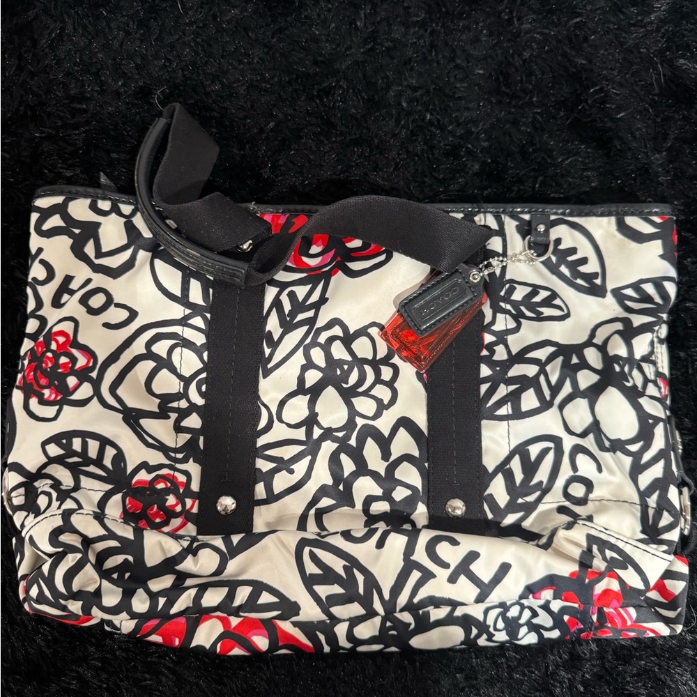 Coach Black and Pink Floral Print Tote